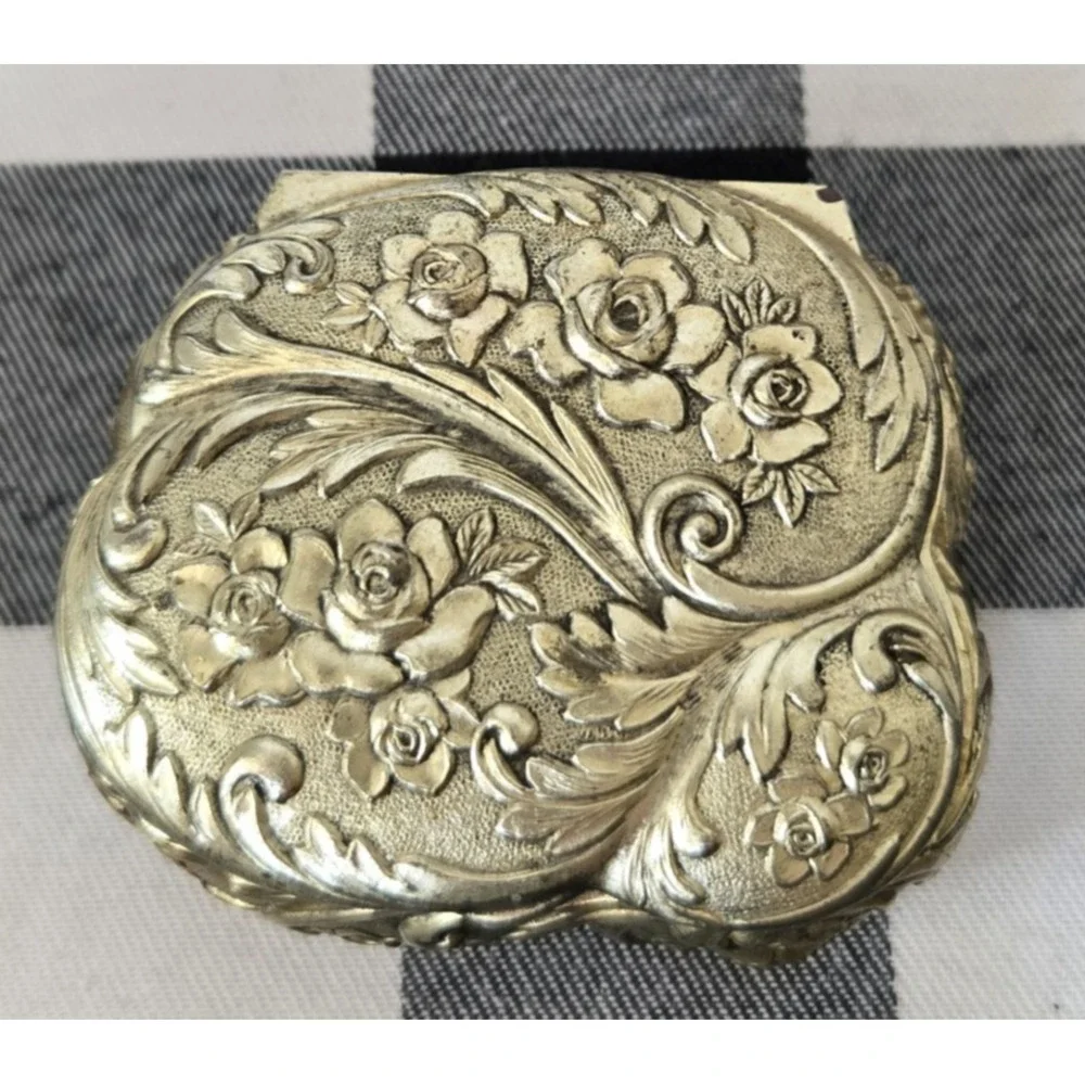 Silver Tone Hinged Trinket Jewelry Box Red Felt Lined Rose Pattern Made in Japan